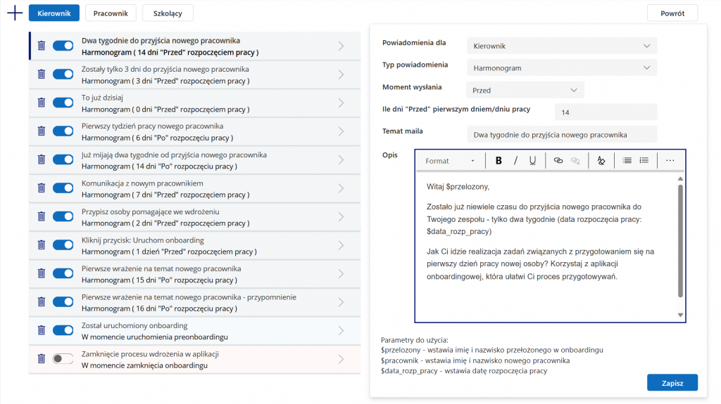 Powerapps Onboarding konfiguracja powiadomień